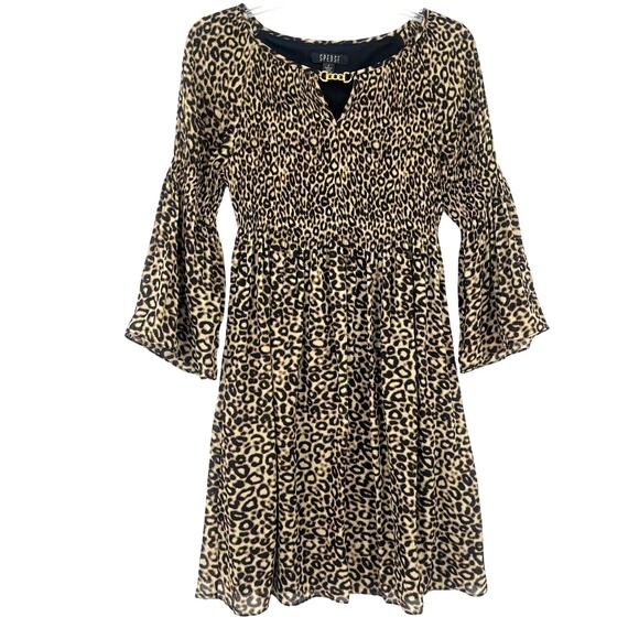 Spense Leopard Dress Sz 4 Y2K Flare Sleeve Glam party Clubwear Smocked Statement - Picture 1 of 10